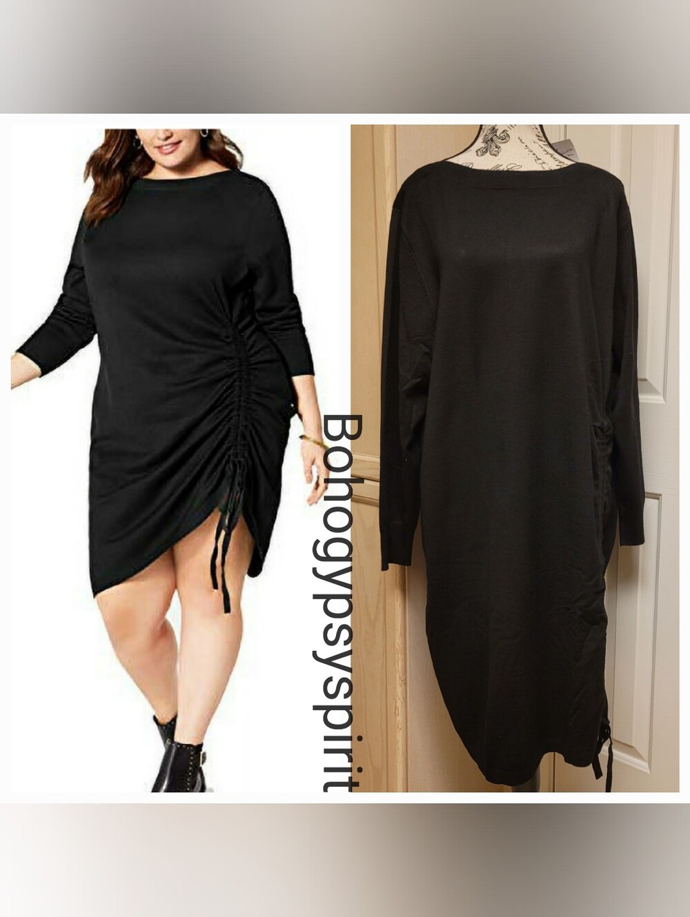 $70 2X New York Collection Solid Black Drawstring Ruched Sweater Dress